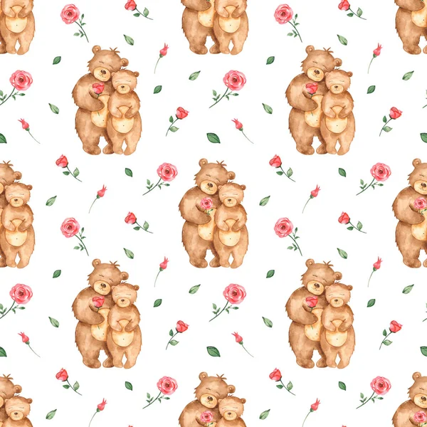 Aquarel naadloos patroon met beren verliefd op bloemen op een witte achtergrond — Stockfoto
