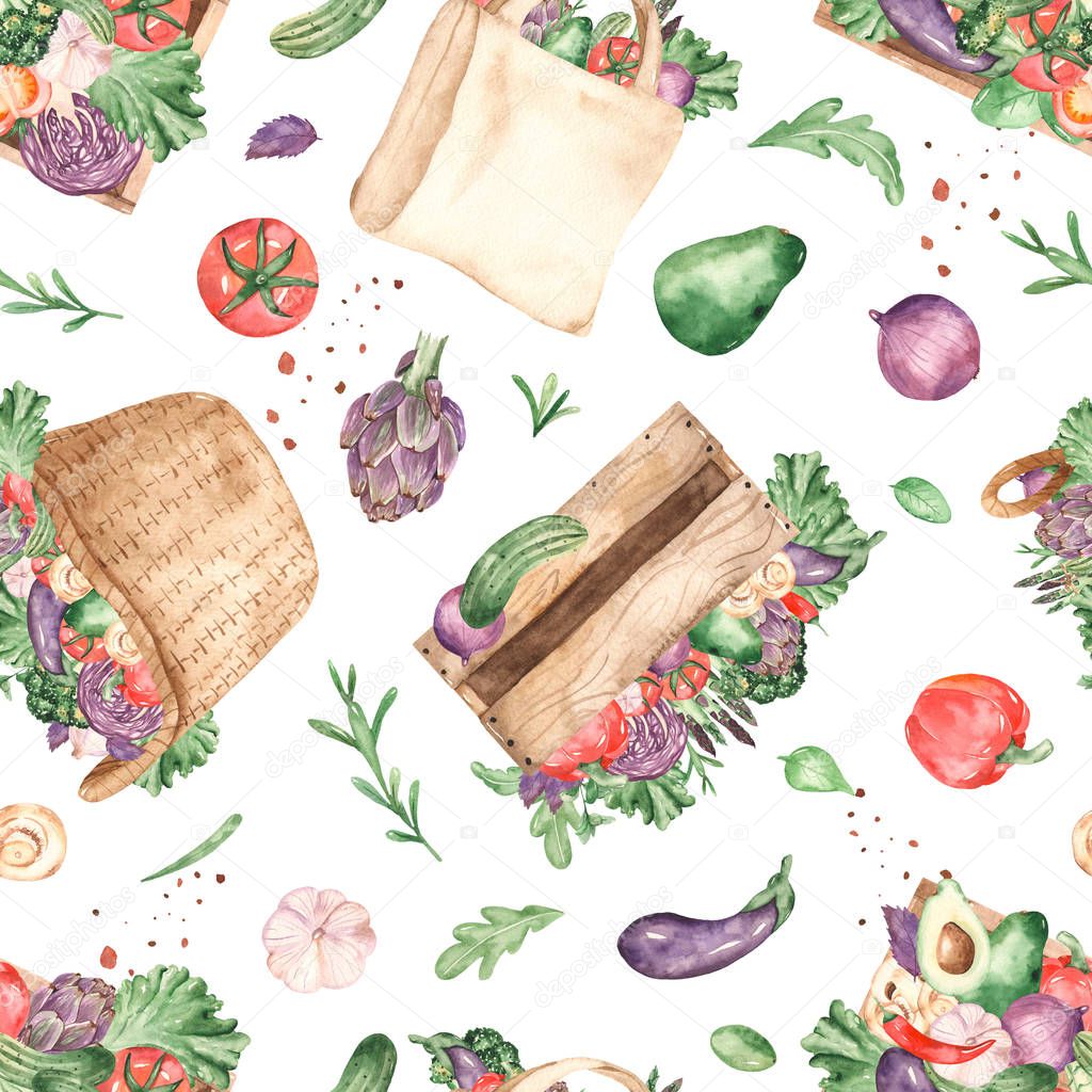 Watercolor seamless pattern with fresh vegetables in baskets