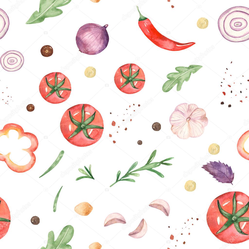 Watercolor seamless pattern with vegetables and seasonings