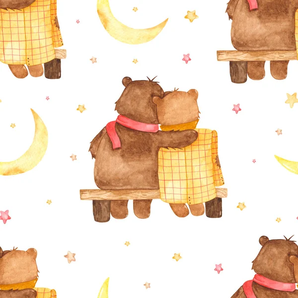 Watercolor seamless pattern with bears in love on a bench — Stock Photo, Image