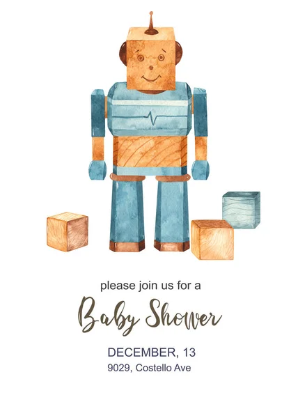 Akvarelová karta pro miminko pozvánku s robotem — Stock fotografie