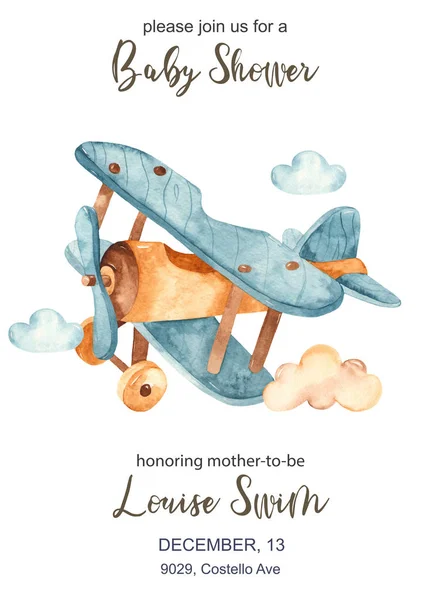 Carte d'invitation aquarelle pour baby shower avec avion jouet — Photo