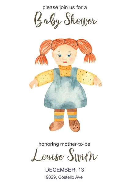 Cartão convite aquarela para chá de bebê com uma boneca de brinquedo — Fotografia de Stock