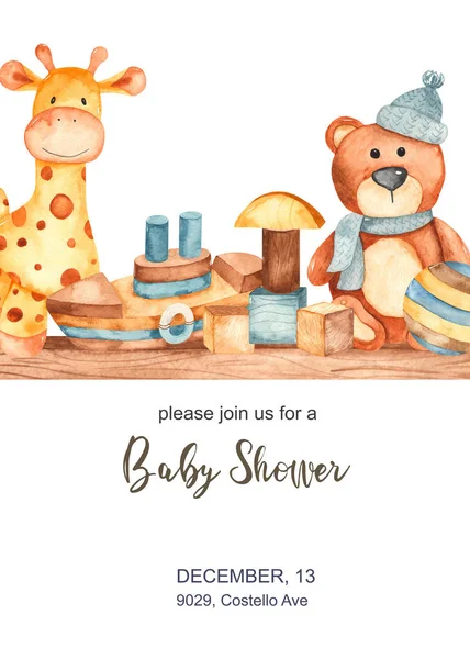 Tarjeta de invitación de acuarela para baby shower con felpa y madera — Foto de Stock