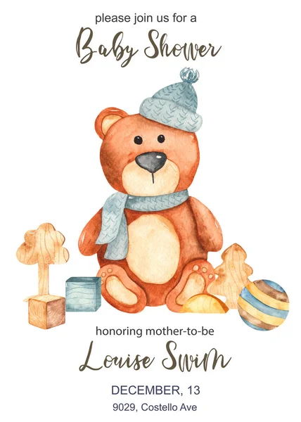 Akvarel pozvánka pro miminko párty s plyšovým medvídkem — Stock fotografie