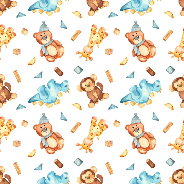 Watercolor seamless pattern with plush animals toys on white background — Stock Photo, Image