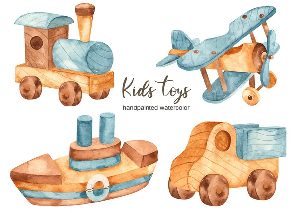 Akvarel set kliparty s dětmi dřevěné hračky doprava — Stock fotografie