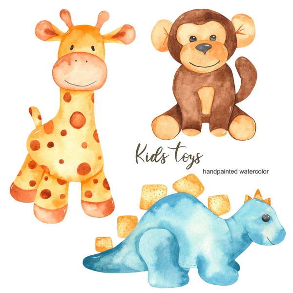 Watercolor set with baby stuffed animals toys — 스톡 사진