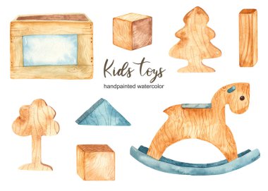 Çocuklarla suluboya seti Tahta oyuncaklar ve oyuncak kutusu