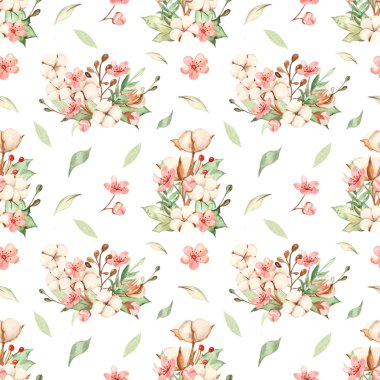 Yapraklar, dallar ve pamuk çiçekleriyle sulu boya deseni