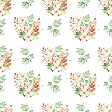 Yapraklar, dallar ve pamuk çiçekleriyle sulu boya deseni