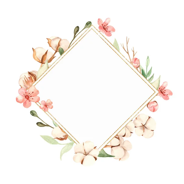 Watercolor golden rhombus frame with cotton, branches, cherry fllowers — 스톡 사진