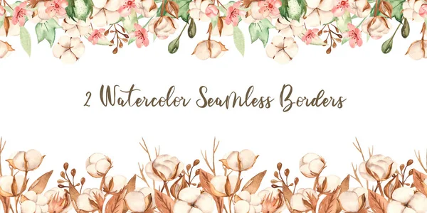 Watercolor seamless borders with branches, leaves, cotton and cherry flowers — 스톡 사진