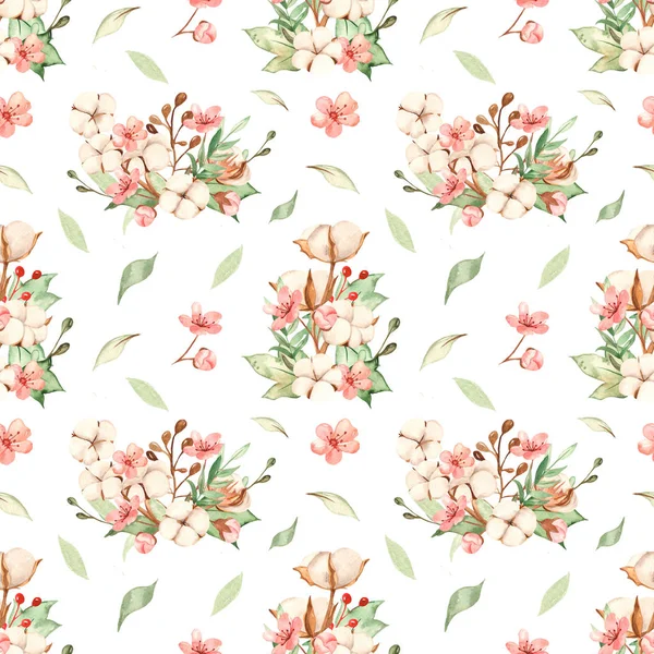 Watercolor seamless pattern with a bouquet of leaves, branches, cotton flowers — 스톡 사진