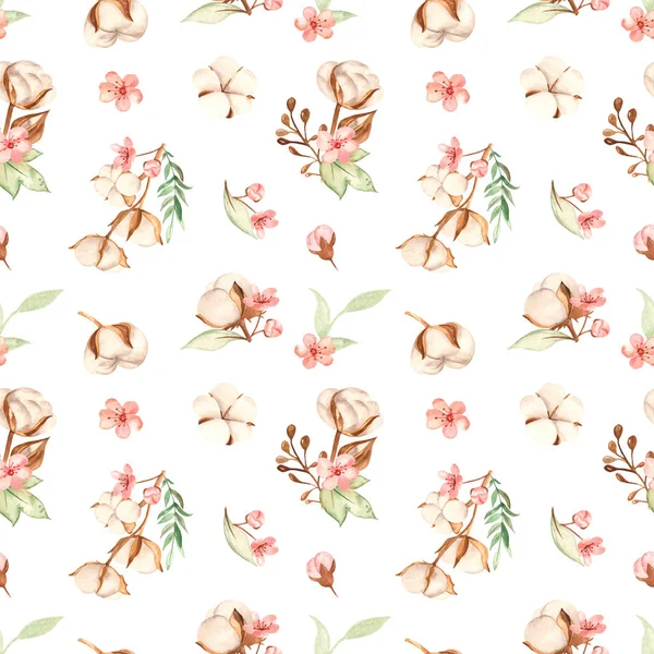 Watercolor seamless pattern with multidirectional cotton branches — Stock Photo, Image