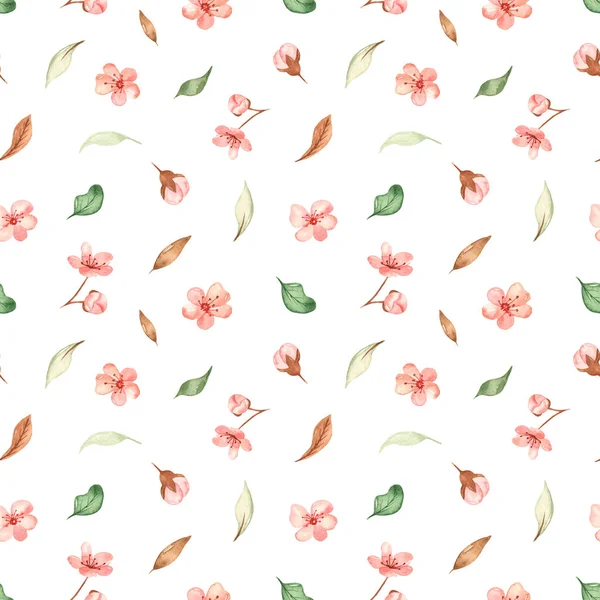 Watercolor seamless pattern with multidirectional leaves and cherry flowers