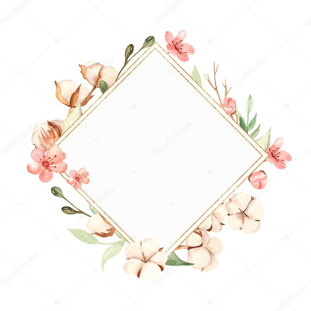 Watercolor golden rhombus frame with cotton, branches, cherry fllowers
