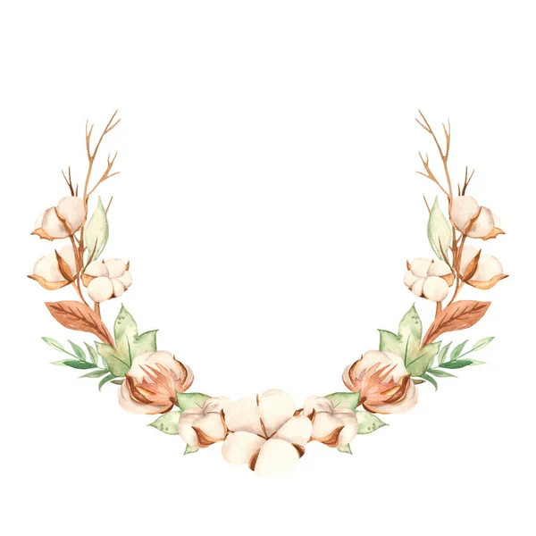 Watercolor wreath with cotton, branches, leaves — 스톡 사진