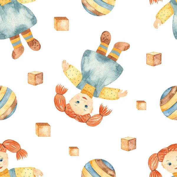 Watercolor seamless pattern with children's toys doll and ball