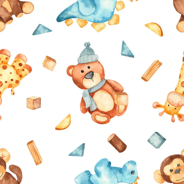 Watercolor seamless pattern with plush animals toys — 스톡 사진