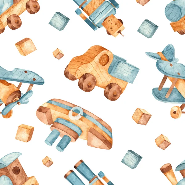 Akvarell zökkenőmentes minta fa játékokkal, szállítással és robottal — Stock Fotó
