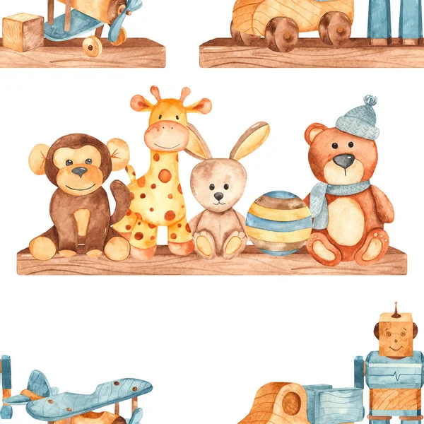Watercolor seamless pattern with children's toys on a shelf — 스톡 사진