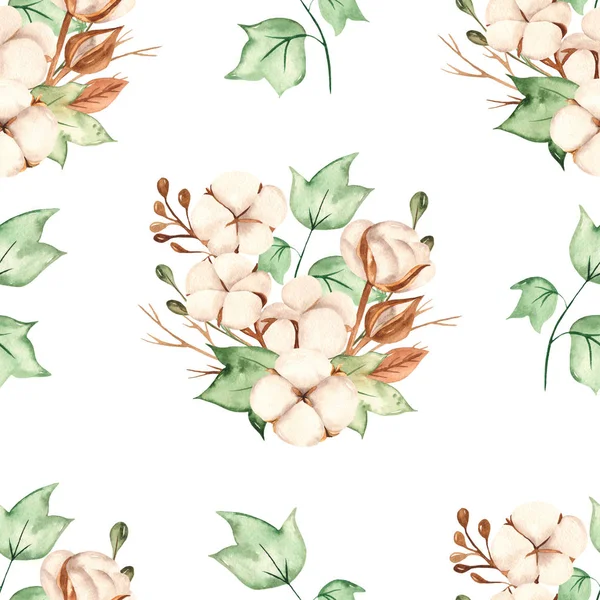 Watercolor seamless pattern with a bouquet of leaves, branches, cotton flowers — 스톡 사진