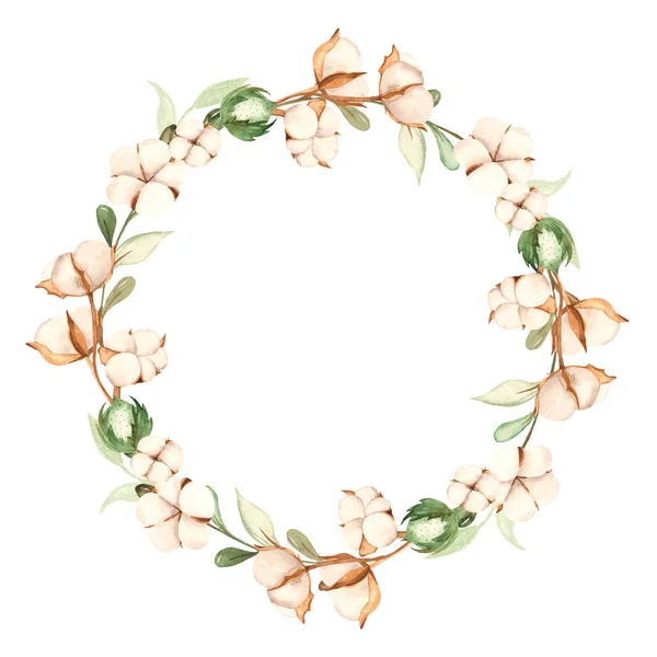 Watercolor wreath with cotton, buds, branches, leaves