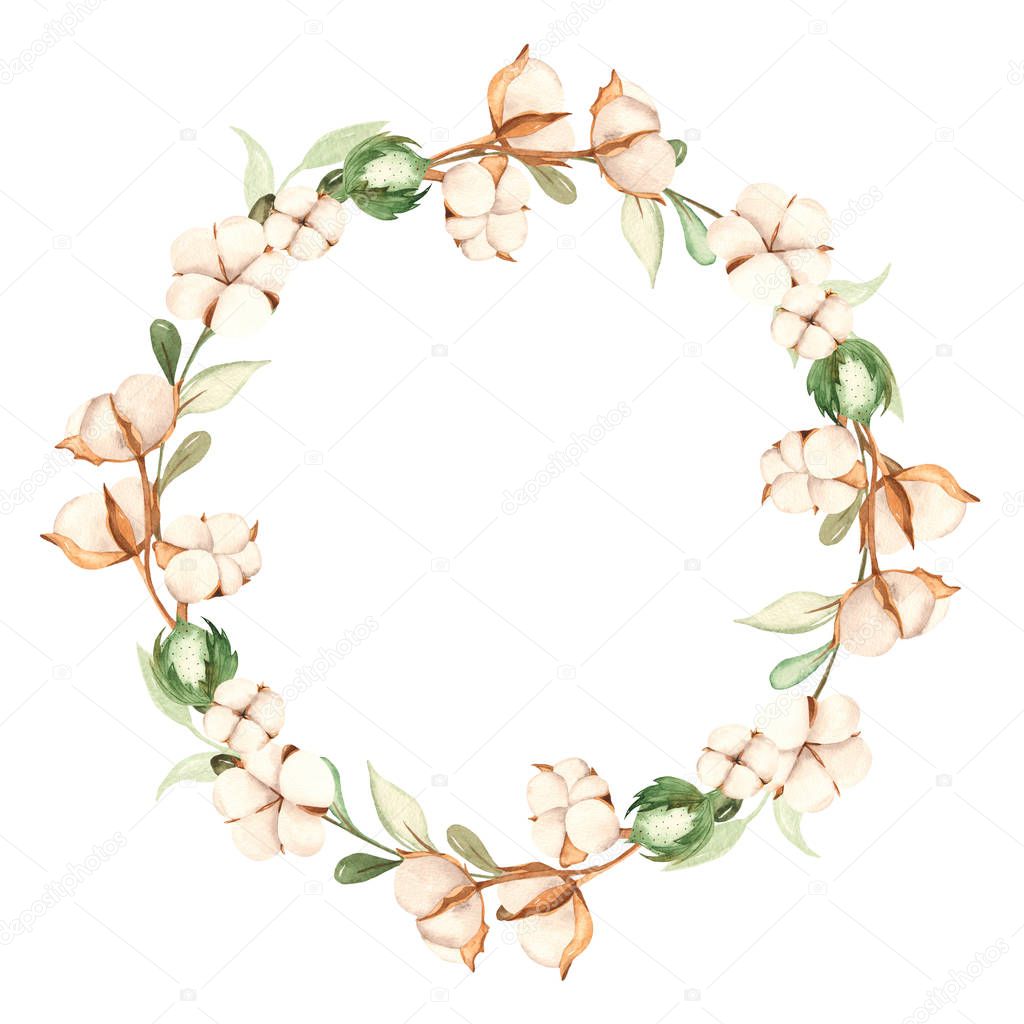 Watercolor wreath with cotton, buds, branches, leaves