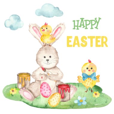 Watercolor Easter card with cute rabbit, eggs and chickens clipart