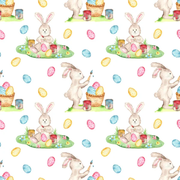 Watercolor seamless pattern with cute Easter bunny coloring eggs