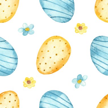 Beyaz arka planda mavi ve sarı yumurtalar. Suluboya kusursuz Paskalya deseni