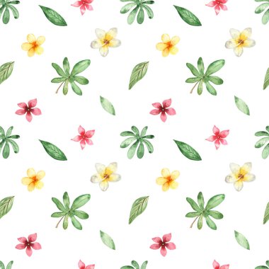 Beyaz arka planda tropik çiçekler ve yapraklar. Suluboya kusursuz desen