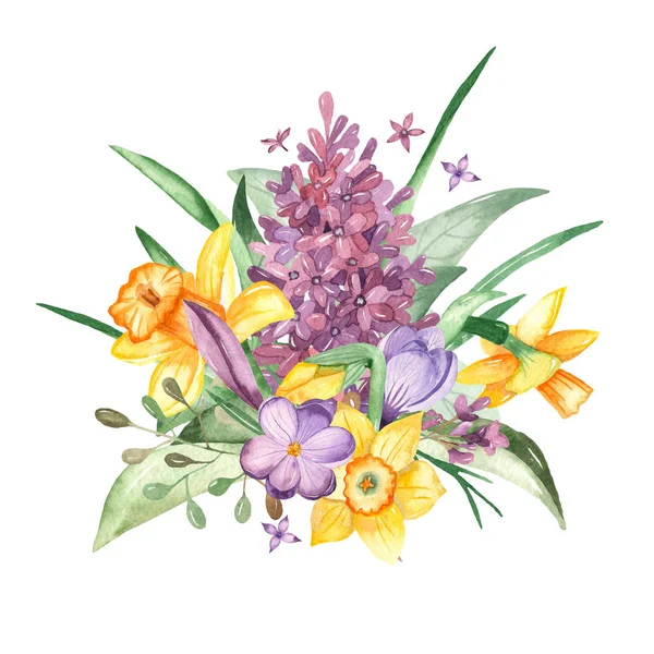 ダフォジル クロッカス ライラックの花や葉 水彩ブーケ — ストック写真