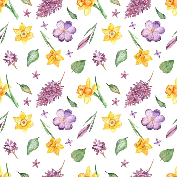 Leaves Flowers Crocus Daffodil Lilac White Background Watercolor Seamless Pattern — Stock Photo, Image