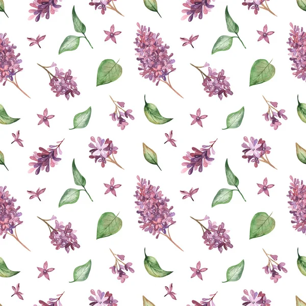 Leaves Flowers Lilac White Background Watercolor Seamless Pattern — Stock Photo, Image