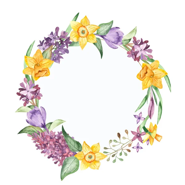 Flowers Leaves Daffodil Crocus Lilac Watercolor Wreath — Stock Photo, Image