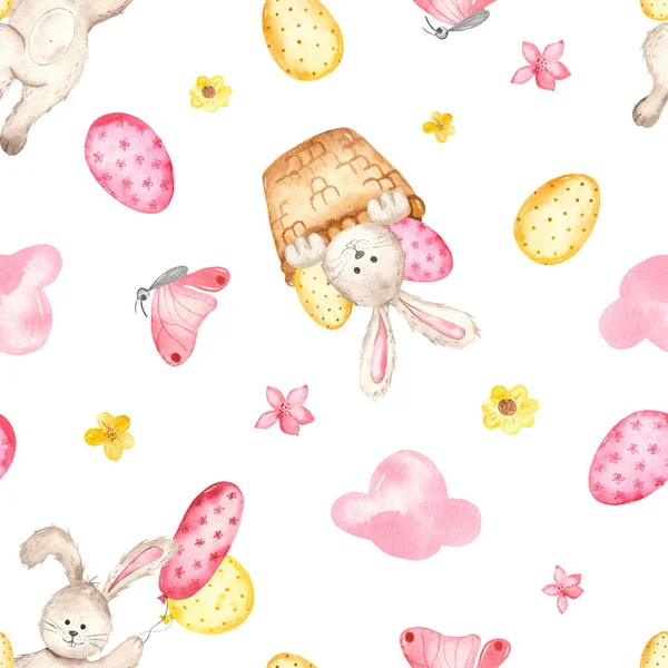 Милі Кролики Квіти Яйця Білому Тлі Акварель Безшовний Великодній Візерунок — стокове фото