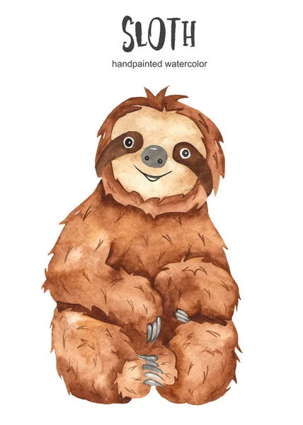 Cute Baby Animal Sloth Sitting Watercolor Clipart — Stock Photo, Image