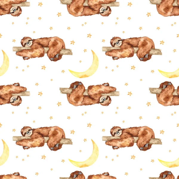 Cute Sloths Sleeping Tree Month White Background Watercolor Seamless Pattern — Stock Photo, Image