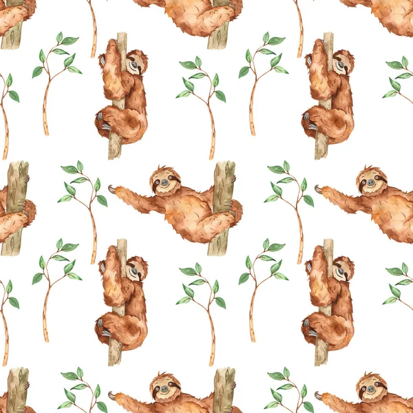 Cute Sloths Branches Leaves White Background Watercolor Seamless Pattern — Stock Photo, Image