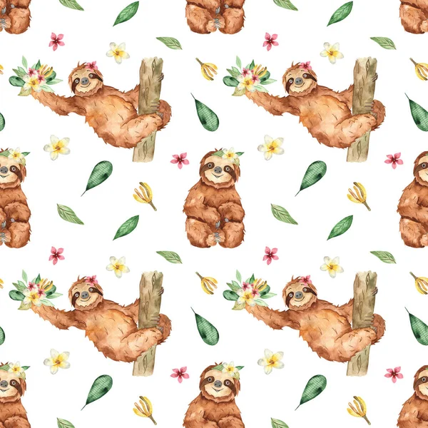 Cute Sloths Tropical Flowers Leaves White Background Watercolor Seamless Pattern — Stock Photo, Image