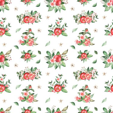 Beyaz arka planda nar kompozisyonları. Suluboya kusursuz desen