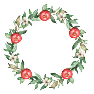 Garnetler, nar çiçekleri, yapraklar. Suluboya çelengi