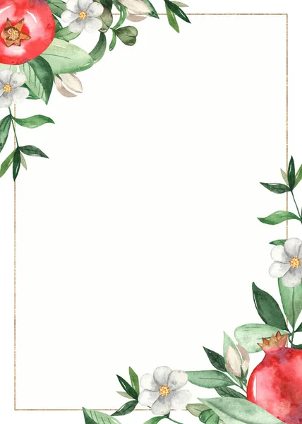 Granaty Liście Kwiaty Akwarela Prostokątna Ramka — Zdjęcie stockowe