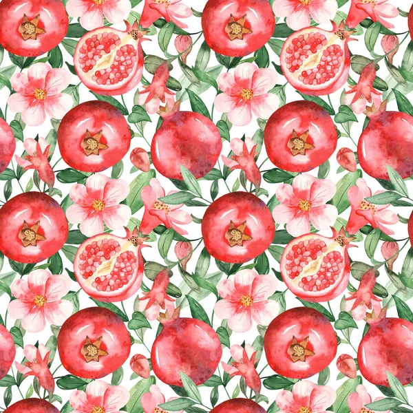 Pomegranates, flowers, buds and pomegranate leaves on a white background. Watercolor seamless pattern