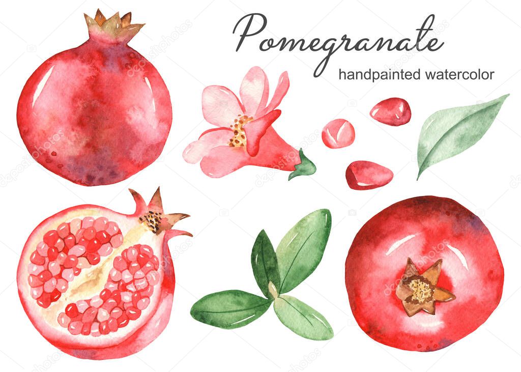 Pomegranate, flower, garanate leaves, half pomegranate, pomegranate grain. Watercolor set. Clipart