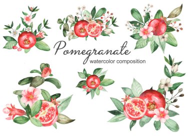 Buketler, nar kompozisyonları, yapraklar, çiçekler, taneler, nar parçaları. Suluboya seti. Clipart