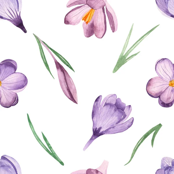 Leaves Crocus Flowers White Background Watercolor Seamless Pattern — Stock Photo, Image