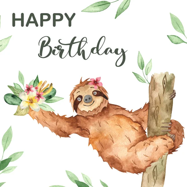 Cute Sloth Flowers Birthday Watercolor Card — Stock Photo, Image